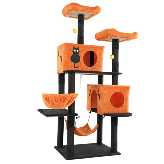 KFX-5148861 Halloween Cat Tower with Condos, Perches, Hammocks, and Scratching Posts - Multi-Level Cat Activity Center in Orange & Black