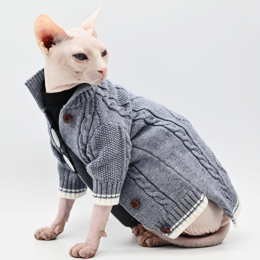 KFX-5159101 Soft Cotton Knit Cat Sweater in Gray - Cozy Pet Coat for Hairless Cats, Size 2XL