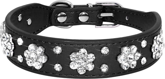 KFX-5168317 Rhinestone Flower Pattern PU Leather Dog Collar for Small and Medium Pets