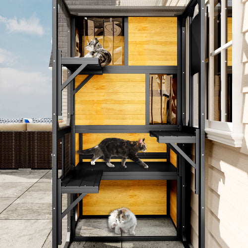 KFX-5181629 Large Outdoor Cat Enclosure with Four Tiers and Platforms, Weatherproof Design for Multiple Cats, Brown