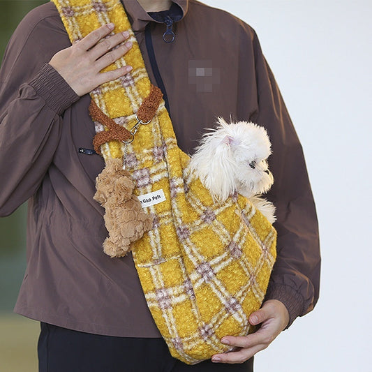 KFX-5201853 Soft Yellow Plaid Portable Crossbody Backpack for Small Pets