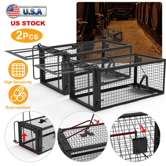 KFX-5236029 Humane Live Rodent Trap Cage - 2 Pack Galvanized Iron Design for Mice Control with Detachable U Shaped Rod