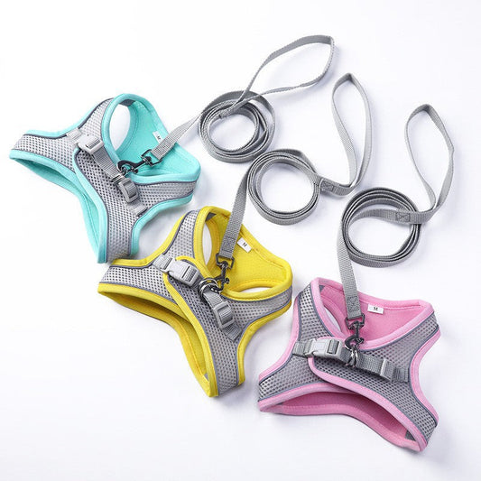 KFX-5264445 Reflective Outdoor Pet Harness with Traction Rope - Available in Lemon Yellow, Mint Green, and Cherry Blossom Powder