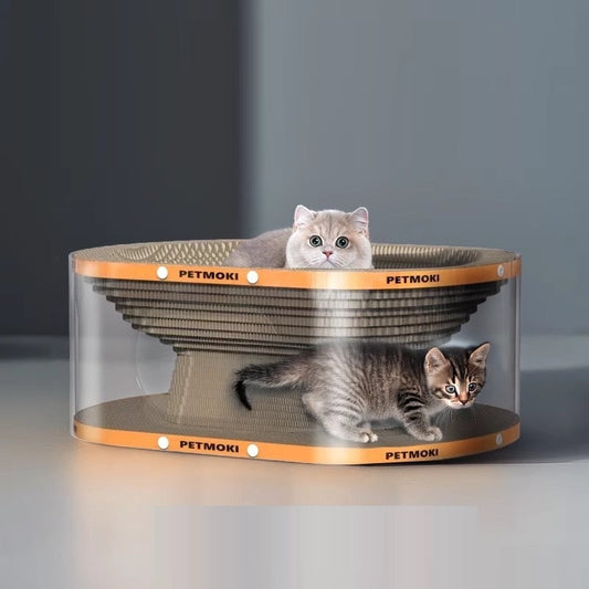 KFX-5280317 2-in-1 Cat Scratch Board and Nest Tunnel Toy in White Transparent, PVC & Corrugated Board, 58x45x23cm