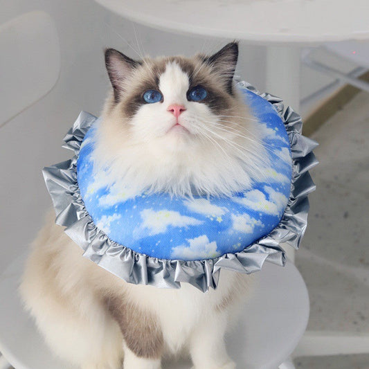 KFX-5284029 Cat Ruffled Anti-Licking Headgear in Floral Pattern - Polar Fleece & PP Cotton, Sizes S, M, L