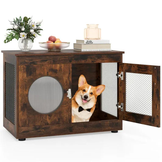 KFX-5301565 2-in-1 Rustic Brown Dog Crate End Table with 88lbs Capacity, Farmhouse Style, 32.5"x18.5"x23.5"