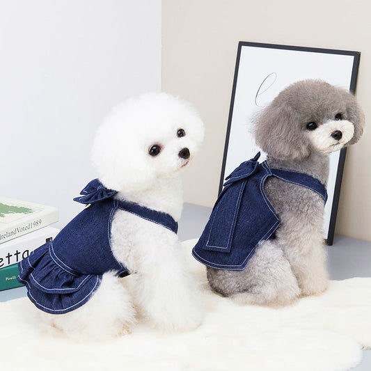 KFX-5319741 Big Bow Tie Pet Clothes in Washed Denim for Spring and Summer - Casual T-shirt and Skirt, Sizes S-XXL