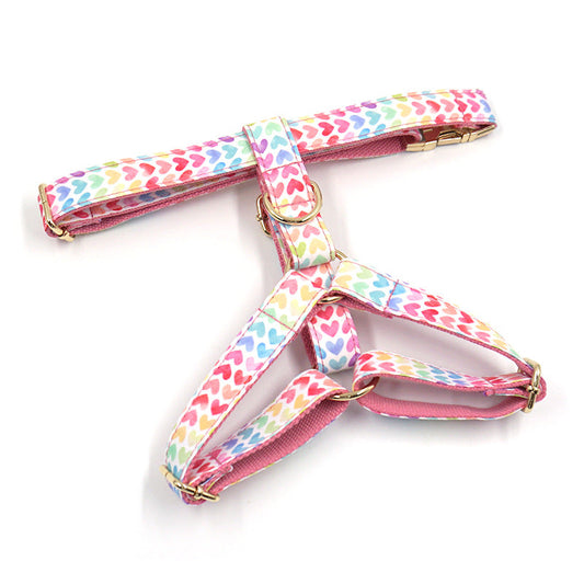 KFX-5356989 Colorful Pink Heart-Shaped Dog Chest and Back Harness with Gold Buckle
