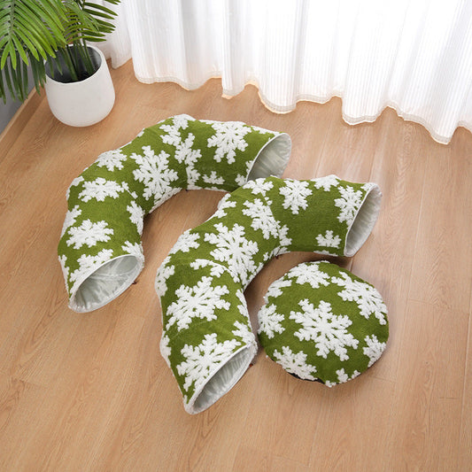 KFX-5373245 Cozy Green Snowflakes Pet Tunnel Bed for Cats
