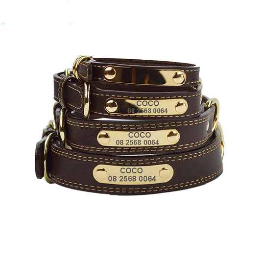 KFX-5384509 Genuine Leather Dog Collar with Adjustable Fit and Engraved Nameplate for All Dogs