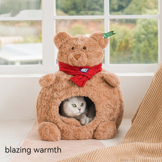 KFX-5400253 Cozy Brown Bear Cat Bed – Fully Enclosed, Removable & Washable Pet Nest for All Seasons