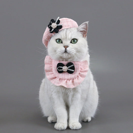 KFX-5401021 Monochrome Flower Beret and Bow Bib Set - Hand-Painted Cotton Polyester for All Seasons