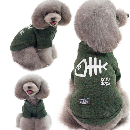KFX-5407037 Fishbone Pattern Wool Sweater for Small Dogs in Green, Gray, and Blue – Sizes S to XL