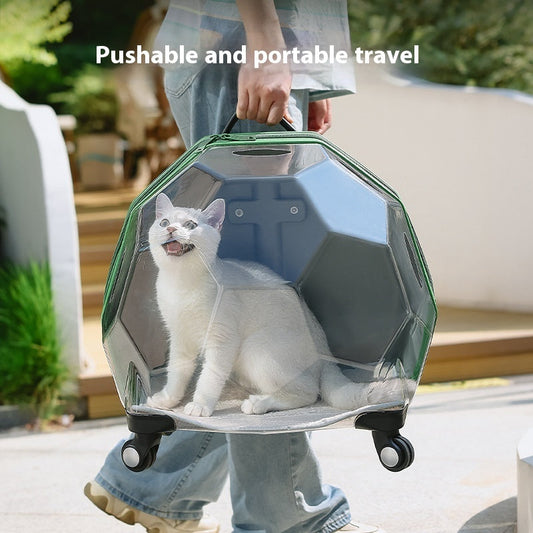KFX-5452477 Transparent Portable Pet Trolley for Cats and Dogs - Medium Hard Luggage Case with Reinforced PC Pull Rod