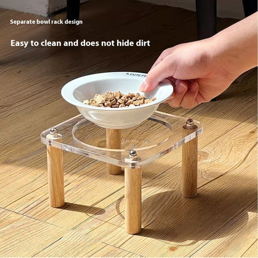 KFX-5471293 Elevated Ceramic Cat Bowl and Dog Basin with Wooden Rack – Anti-Tumble Design in Various Colors