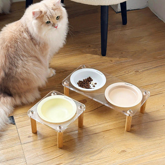 KFX-5471293 Elevated Ceramic Cat Bowl and Dog Basin with Wooden Rack – Anti-Tumble Design in Various Colors