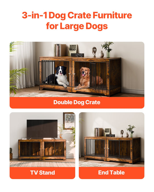 KFX-5498173 Indoor Wooden Dog Kennel with Divider and Dual Door Design for Two Dogs, 75 Inches