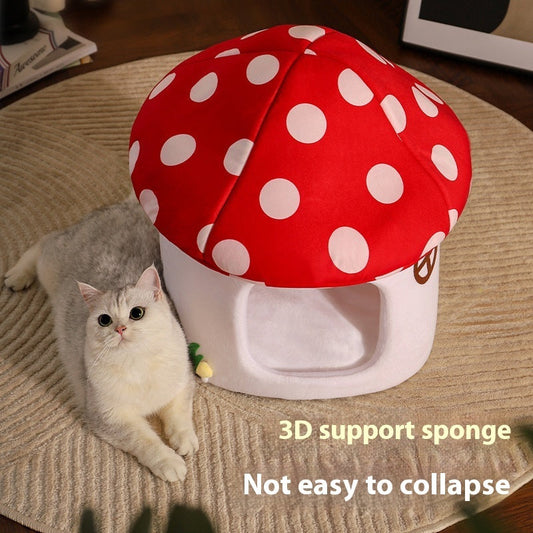 KFX-5515837 Mushroom-Shaped Semi-Enclosed Cat Bed in Red - Cozy Cloth Cat Nest