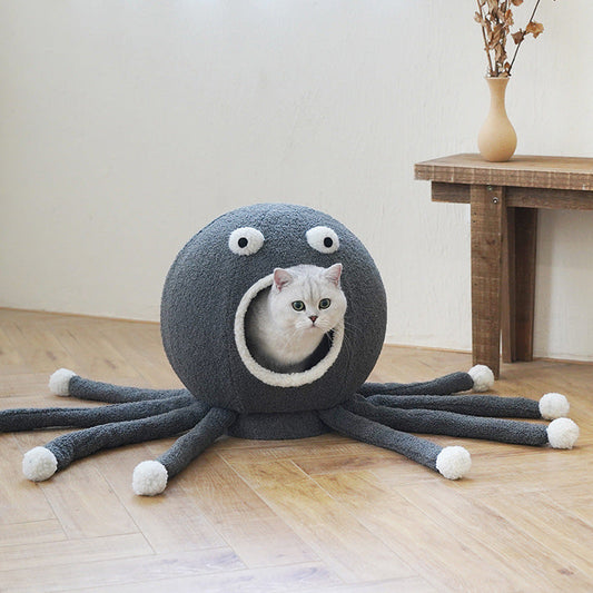KFX-5521597 Plush Octopus Shaped Pet Nest for Cats, Cozy and Spacious Design, 40x40x42cm