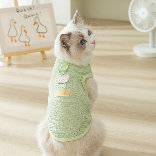 KFX-5538621 Hollowed-out Breathable Knitted Cat Clothes with Bear Patch in Multiple Colors