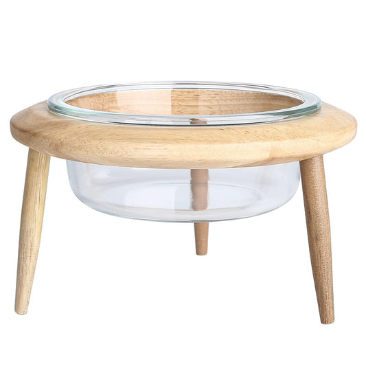 KFX-5544765 Glass UFO Pet Bowl with Oak Frame - Two Sizes: 480ML & 800ML