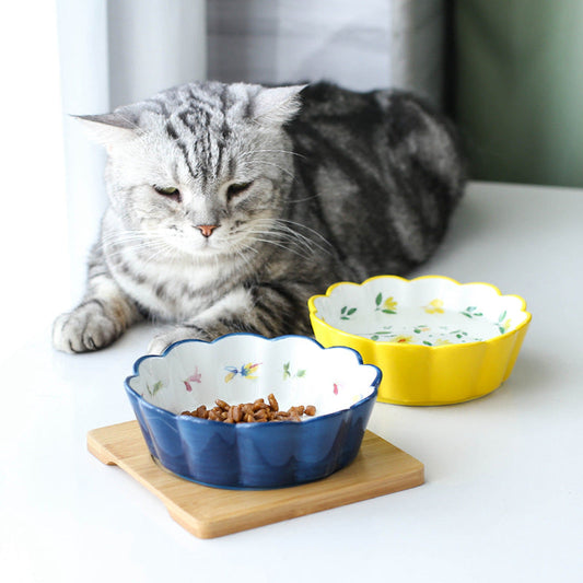 KFX-5577533 Ceramic Pet Bowl with Bamboo Wood Tray - 450ml Capacity for Cats and Dogs