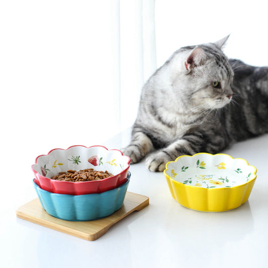 KFX-5577533 Ceramic Pet Bowl with Bamboo Wood Tray - 450ml Capacity for Cats and Dogs