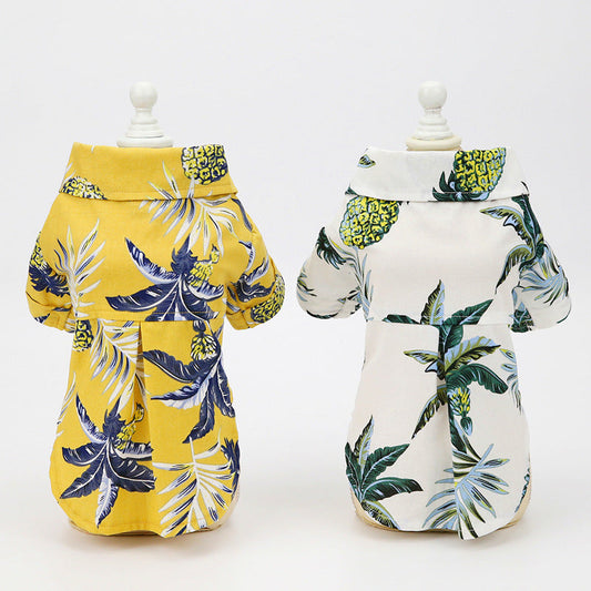 KFX-5596989 Summer Pet Shirt - Lightweight Cotton in Hawaiian Coconut Print, Available in Yellow and White, Sizes S to XXL