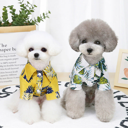 KFX-5596989 Summer Pet Shirt - Lightweight Cotton in Hawaiian Coconut Print, Available in Yellow and White, Sizes S to XXL