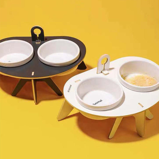 KFX-5610301 Oblique Mouth Cat Bowl Rack with Spine Protection - Environmentally Friendly Aosong Board and White Porcelain Bowl, 400ml Capacity
