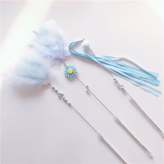 KFX-5614909 Feather Cat Teaser Wand Toy with Long Tassels and Bells - Set of 3