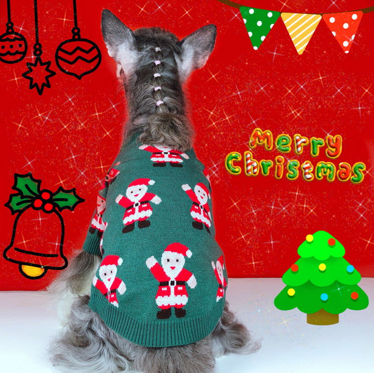 KFX-5617853 Schnauzer Teddy Winter Christmas Sweater in Green with Santa Claus Pattern