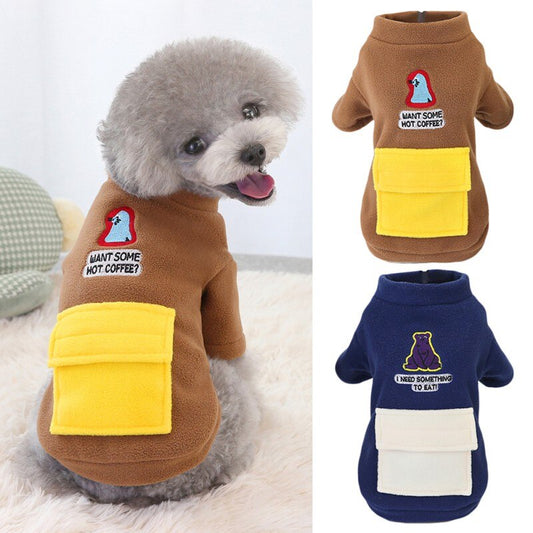 KFX-5618237 Winter Warm Dog Clothing - Pocket Zipper Two-Legged Shirt - Thick Fleece Fabric - Available in Khaki and Blue, Sizes S to XXL