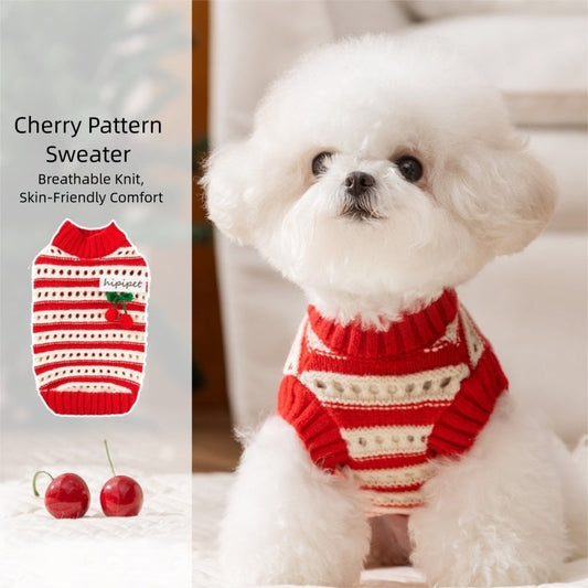 KFX-5630141 Knitted Cherry Pullover Sweater for Small Dogs and Cats, Soft and Warm, Red and White Striped Design