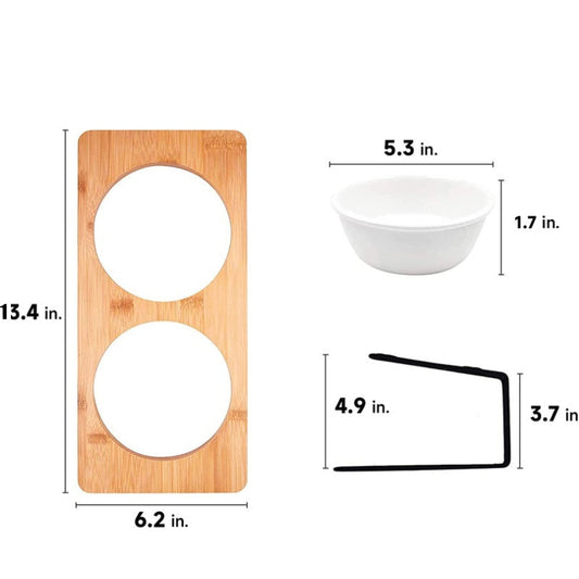 KFX-5644349 Tilted Ceramic Feeding Bowl Set with Bamboo Stand for Small Dogs and Cats