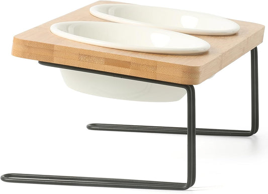 KFX-5644349 Tilted Ceramic Feeding Bowl Set with Bamboo Stand for Small Dogs and Cats