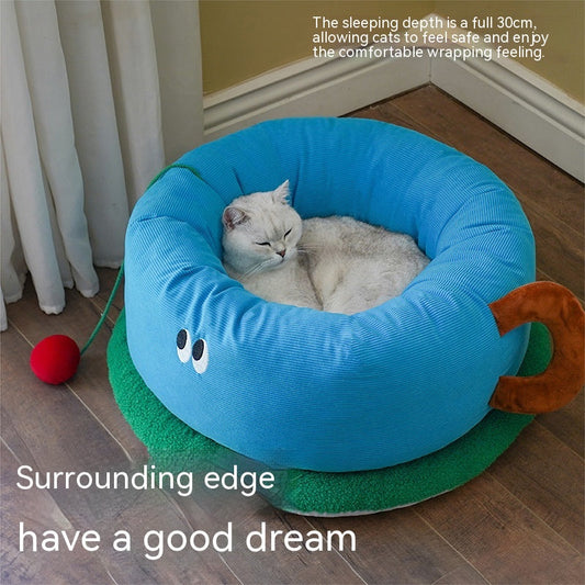KFX-5646909 Sky Blue Teacup Dog Bed - Cozy Flannel Pet Kennel for Cats and Dogs, Size L65xW65xH30cm