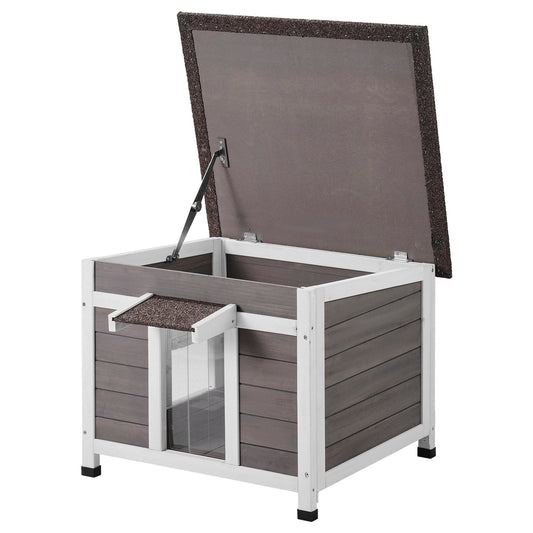 KFX-5673149 Wooden Outdoor Cat House with Roof, Door Flaps, and Window - All-Season Feral Cat Shelter