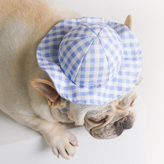 KFX-5695933 Fashionable Pet Sun Hat in Plaid Design - Casual Polyester for Small to Medium Dogs