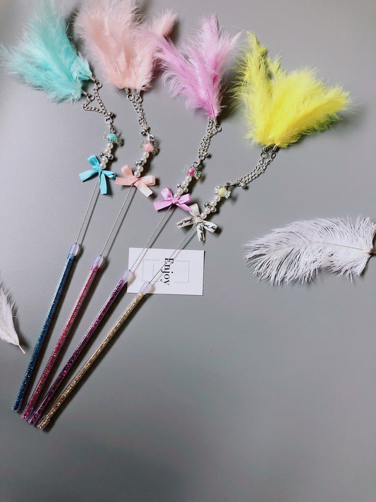 KFX-5699133 Handmade Cowhide Cat Stick Toy in Blue, Pink, Purple, and Yellow