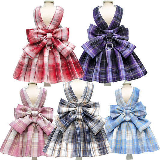 KFX-5777213 Pet Plaid Skirt with Chest Strap and Leash in Various Colors