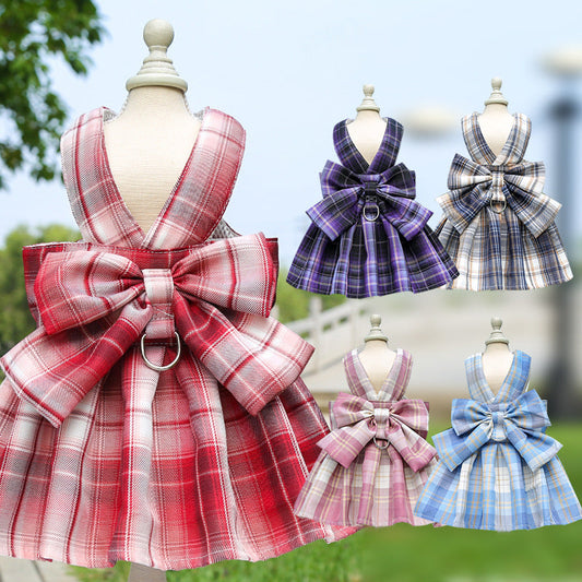 KFX-5777213 Pet Plaid Skirt with Chest Strap and Leash in Various Colors