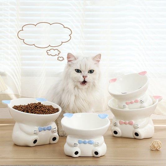 KFX-5783869 Hand-Painted Ceramic Pet High-Footed Food Bowl with Sloping Neck Design