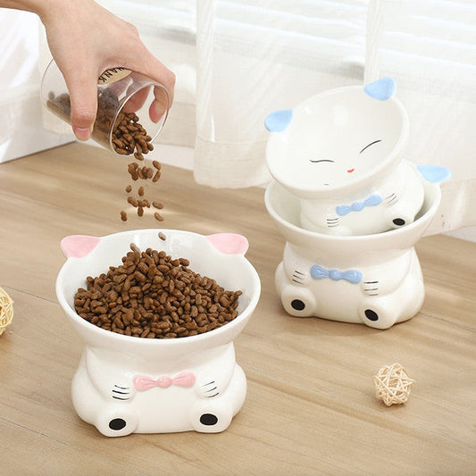 KFX-5783869 Hand-Painted Ceramic Pet High-Footed Food Bowl with Sloping Neck Design