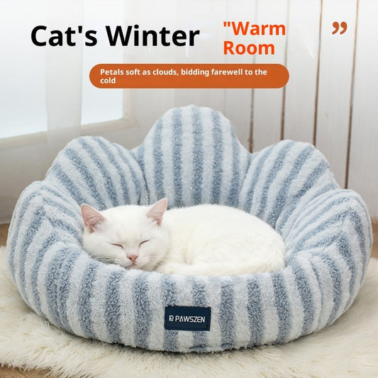 KFX-5787709 Thickened Warm Cat Nest in Light Blue and Brown Striped Flower Design, Multiple Sizes Available