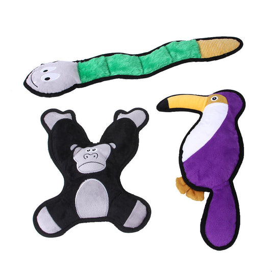 KFX-5816125 Plush Bite-Resistant Pet Toys Set – Snake, Parrot, Orangutan in Black, Green, Purple