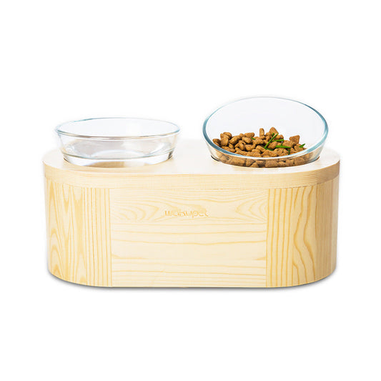 KFX-5839677 Solid Wood Double Bowl Cat Feeder with Tempered Glass, Vertical Design, Pine, 320ml Capacity