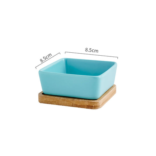 KFX-5849405 Ceramic Cat Bowl with Wooden Support - Anti-Tip Design, Various Colors & Styles