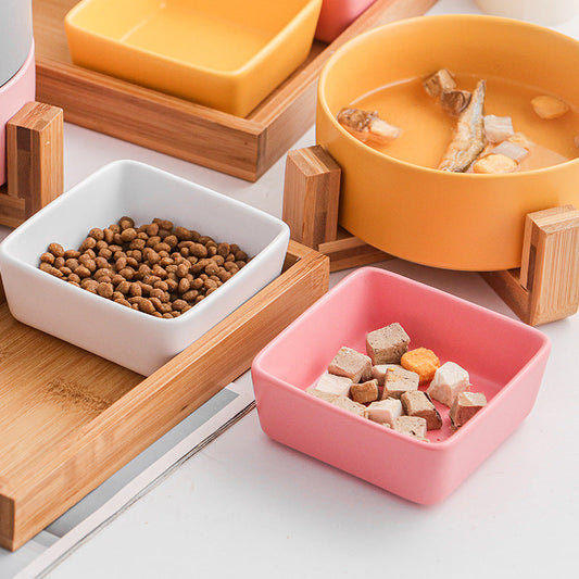KFX-5849405 Ceramic Cat Bowl with Wooden Support - Anti-Tip Design, Various Colors & Styles