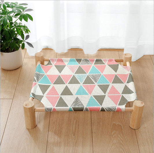 KFX-5862333 Wooden Frame Cat Hammock with Moistureproof Canvas Bed – Triangle Design, Pink & Full-Print Options, 53x48x13cm